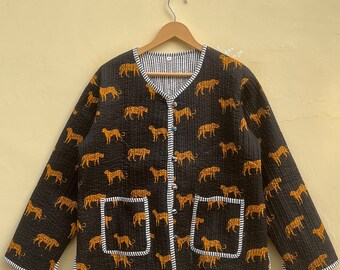 Handmade Black Block Print Quilted Jacket: Reversible Cotton Coat