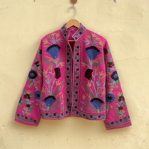 Pink Handmade Suzani Embroidery Jacket, Winter Wear Jacket Coat, Womens Coat, Suzani Short Jacket, TNT Fabric Suzani Jacket, Robe