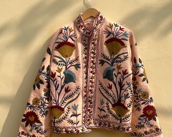 Cotton Suzani Hand Embroidery Jacket Coat, Women Wear Winter Jackets, Bridesmaid Gift, Winter Jacket, Kimono Robe, Bridesmaid Jackets
