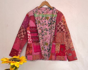 Pink Patchwork Quilted Cotton Jacket: Handmade Indian Coat