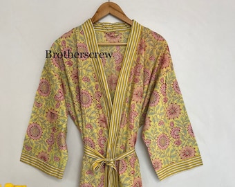 Hand Block Print Cotton Kimono Robe: Floral Kaftan, Plus Size