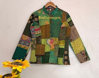 Veste patchwork faite à la main, veste patchwork en coton cousue à la main, manteau en coton Sari Kantha, veste courte