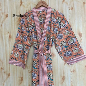 Hand Block Print Cotton Kimono Robe: Floral Beach Cover-Up (Up to 4XL)