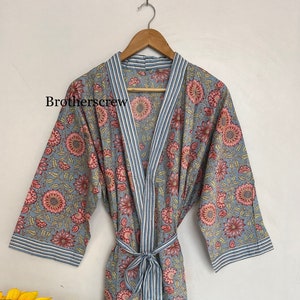 Cotton Flower Print Kimono Robe: Soft Blue Floral Housecoat