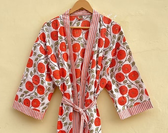 Floral Blockprint Cotton Kimono Robe: Indian Caftan Dress, Plus Size