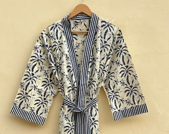 Robes kimono en coton blanc et bleu pour femmes, robe de chambre indienne unisexe, couverture de plage à imprimé bloc, cadeaux de demoiselle d'honneur