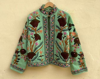 Green Cotton Suzani Hand Embroidery Jacket Coat, Women Wear Winter Jackets, Bridesmaid Gift, Winter Jacket, Kimono Robe, Bridesmaid Jackets