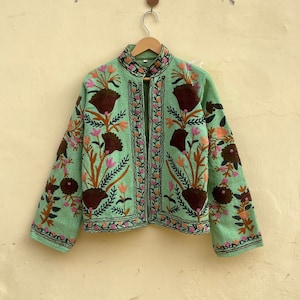 Green Cotton Suzani Embroidered Jacket: Bohemian Winter Coat