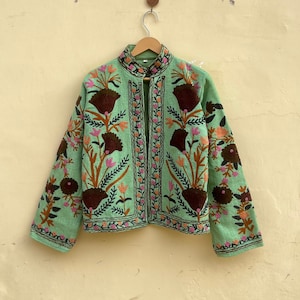 Green Cotton Suzani Hand Embroidery Jacket Coat, Women Wear Winter Jackets, Bridesmaid Gift, Winter Jacket, Kimono Robe, Bridesmaid Jackets