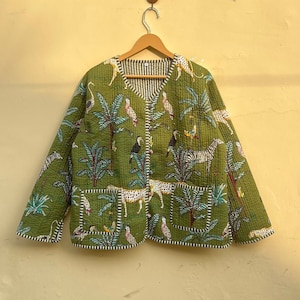 Cotton Quilted Jacket Women Wear Front Open Kimono Stripe piping Handmade Vintage Quilted Jacket , Coats , New Style, Boho double side wear