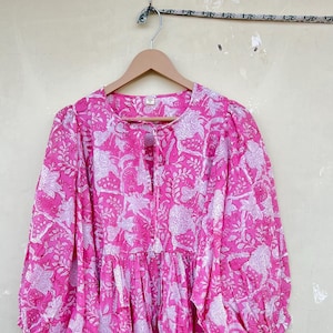 Floral Hand Block Print Pink Cotton Gauze Midi Dress