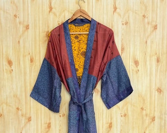 Long silk kimono, Boho Lounge Dress, Dressing gown, Vintage Kimono with Belt, Christmas Gift, Gifts for Her