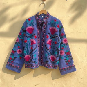 Dark Blue Cotton Suzani Hand Embroidery Jacket Coat, Women Wear Winter Jackets, Bridesmaid Gift, Winter Jacket, Kimono Robe, Bridesmaid image 1