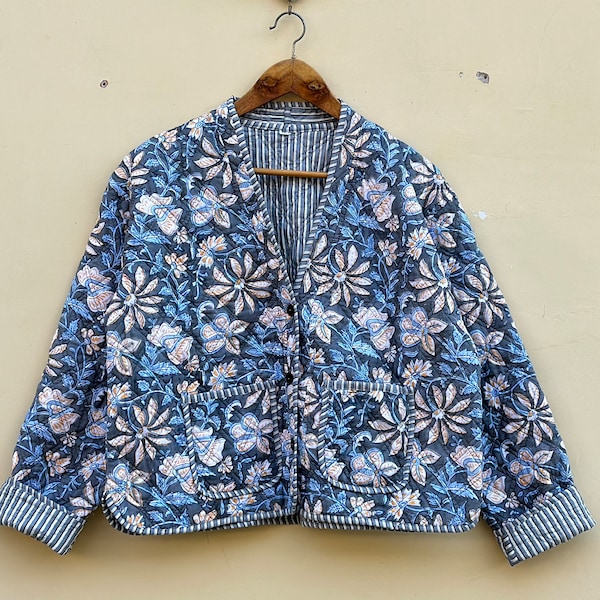 Quilted Kimono Jacket: Women's Boho Block Print Coat