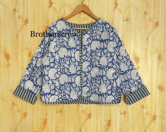 Baumwolle gesteppte Jacke Frauen tragen vorne offen Kimono Streifen Paspol handgemachte Vintage gesteppte Jacke, Mäntel, neuer Stil, Boho Blau