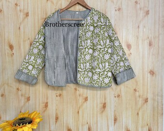 Reversible hand block print cotton quilted jacket coatJacket, Cotton Sari Kantha Coat, Short Jacket