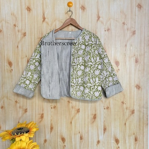 Veste matelassée réversible en coton à imprimé bloc : manteau court bohème