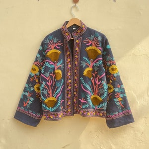 New Trending Navy Blue handmade suzani embroidery tnt jacket| women's clothing| gift for her