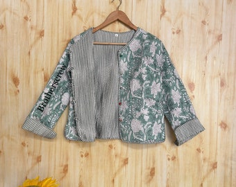 Indian HandBlock Print Fabric Quilted Jacket Short kimono Women Wear New Style white  Flower Coat