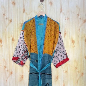 Handmade Indian Silk Kimono Robe: Recycled Sari Fabric