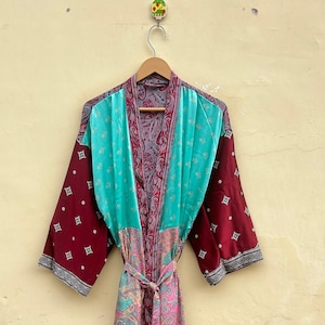 Vintage Poly Silk Kimono Robe: Embroidered Indian Sari, Lightweight Cover-Up