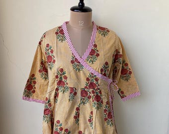Floral Block Print Soft Cotton Summer Dress, Kyra Midi Dress, Dresses for Women, String Closer Dress
