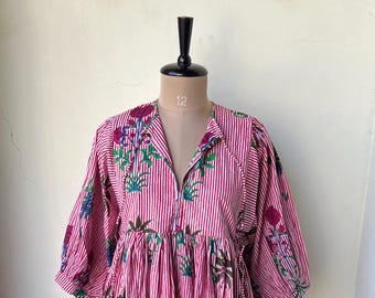 Handmade Cotton Midi Or Mini Dress, Stripe & Block Print Cotton Dress, Dresses for Women, Gift For Your Loved, Indian Cotton Dress