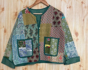 cotton hand made kantha jacket quilted jacket HandMade Vintage Quilted Jacket , Coats , New Style, Boho Green Rainbow