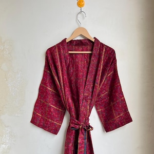 Handmade Recycled Silk Kimono Robe: Vintage Indian Sari