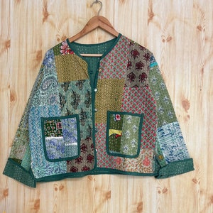 Handmade Kantha Quilted Jacket: Boho Green Rainbow Cotton Coat