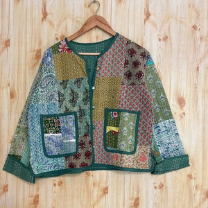 cotton hand made kantha jacket quilted jacket HandMade Vintage Quilted Jacket , Coats , New Style, Boho Green Rainbow