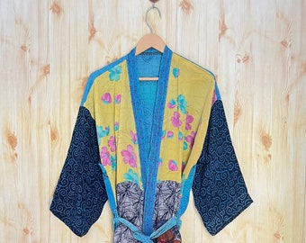 Blue silk long Kimono for women Bathrobe indian Bathrobe Cardigan Nightwear Dressing Gown Beachwear kimono gift for mom
