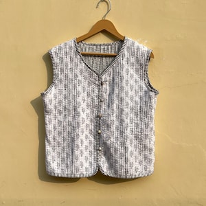 White Blockprint Cotton Quilted Jacket: Bohemian Sleeveless Vest