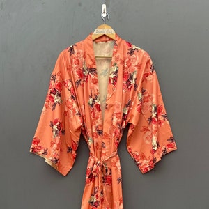 Orange Floral Silk Kimono Robe - Beach Cover Up With Belt