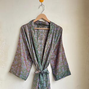Recycled Silk Kimono Robe: Floral Boho Loungewear