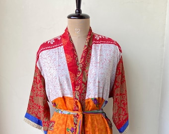 Bridesmaid Wear Poly Silk Kimono, Vintage Sari Robe, Summer Clothing, Sleepwear Silk Maxi Dress, Unisex Robes, Bathrobe, Party Wear