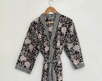 Kimono en coton noir, Robe Kimono en coton Boho LoungeWear vintage imprimé floral, Vêtements de nuit doux et confortables pour l'été, Robes de demoiselle d'honneur