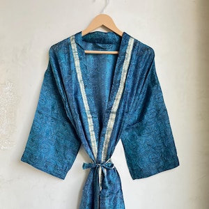 Silk Kimono Robe: Bohemian Floral Sari Gown, Lightweight Summer Coverup
