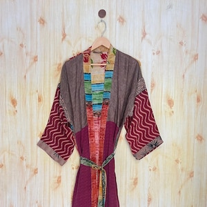 Floral Silk Kimono Robe: Red Sari, Beach Cover, Recycled Fabric