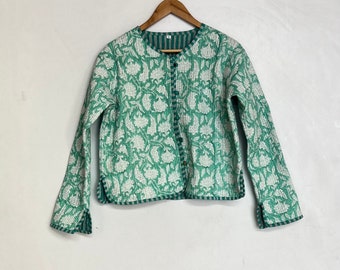 Indische handgemachte Vintage Steppjacke, Mäntel, neuer Stil, Boho, Baumwolljacke Kurz Blaues Blatt Blauer Streifen Paspel