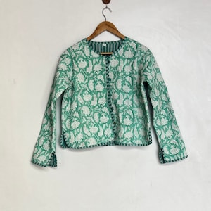 Handmade Indian Quilted Cotton Jacket: Blue Floral Print Boho Coat