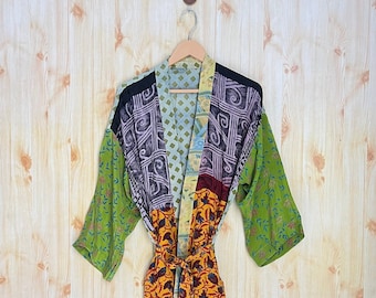 Silk kimono robe boheme Long honeymoon robe from Bali, Anniversary gift Gold plus size dressing gown Gifts for mom, wife, girlfriend