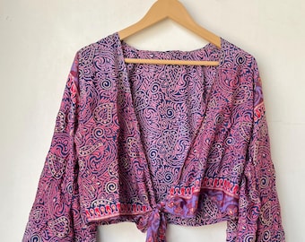 Bell Sleeve Silk Wrap Top: Bohemian Indian Crop Top