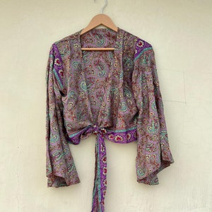 Handmade Silk Crop Top: Bell Sleeves Boho Wrap Top