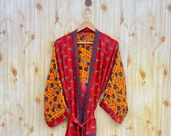 Yellow and red silk kimono robe, New silk sari dress, kimono robe, Bridesmaid robe, Vintage clothing, Beach cover up, GIFT FOR HER