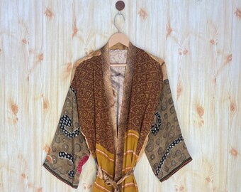 Silk blend kimono robe boheme Gold plus size dressing gown woman, Honeymoon Lounge Wear, Luxury gift for mothers day, wife girlfriend mom