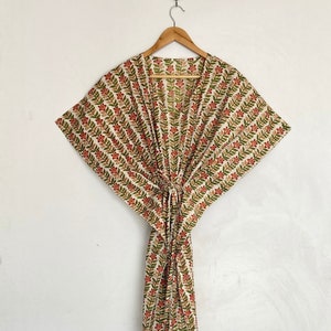 Hand Block Print Cotton Kaftan Maxi Dress: Adjustable Waist Summer Nightgown