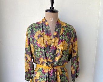 Kimono in seta riciclata, kimono in pura seta, vestaglia con stampa floreale, kimono lungo boho, copricostume, copricostume aperto sul davanti, kimono estivo