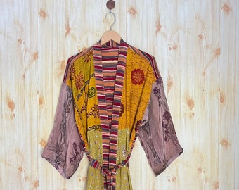 Women pure silk kimono Honeymoon lounge wear Lightweight kimono Soft vintage silk sari kimono robes Women robes Dressing gown