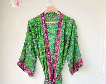 Beautiful Pure Silk Kimono Robe, Long Dressing Gown, Resycled Silk Robe, Summer Wear Lightweight Kimono, Bikini Wrap Up, Open front Wrap